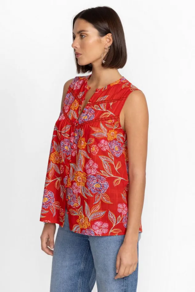 Women MANDARIN COLLAR TANK Whimsical Hibiscus Johnny Was Tops Women MANDARIN COLLAR TANK Whimsical Hibiscus Johnny Was Tops