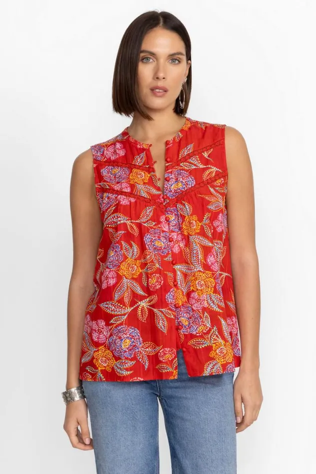 Women MANDARIN COLLAR TANK Whimsical Hibiscus Johnny Was Tops Women MANDARIN COLLAR TANK Whimsical Hibiscus Johnny Was Tops
