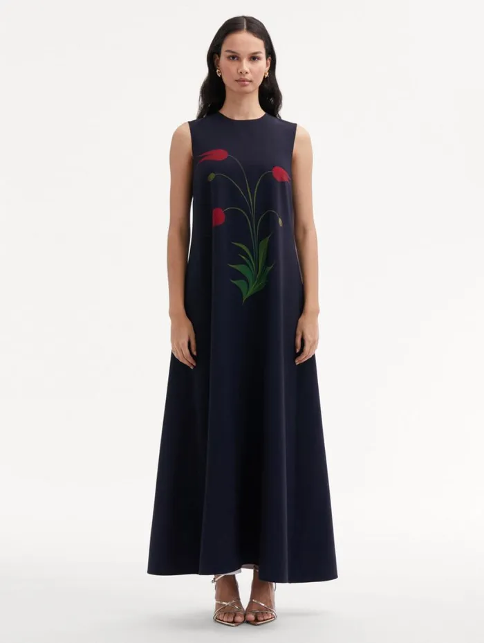 Women Marbled Tulip Maxi Dress Navy Red Oscar De La Renta Dresses Women Marbled Tulip Maxi Dress Navy Red Oscar De La Renta Dresses