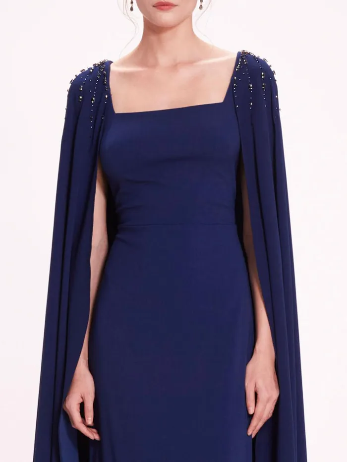 Women Marchesa Dresses Embellished Cape Gown Navy Women Marchesa Dresses Embellished Cape Gown Navy