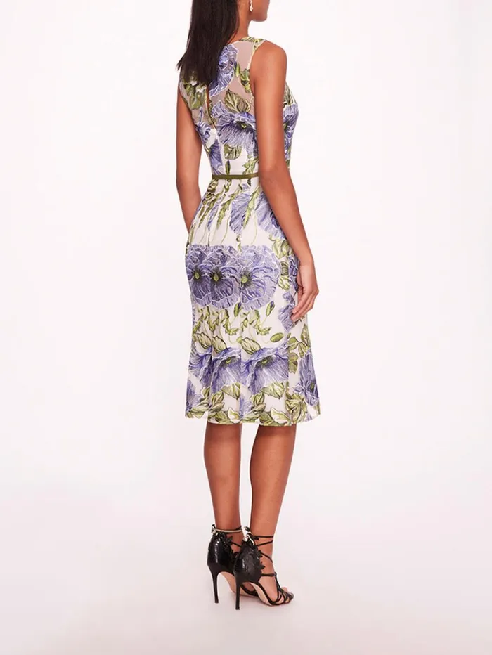 Women Marchesa Dresses Embroidered Midi Dress Blue White Women Marchesa Dresses Embroidered Midi Dress Blue White