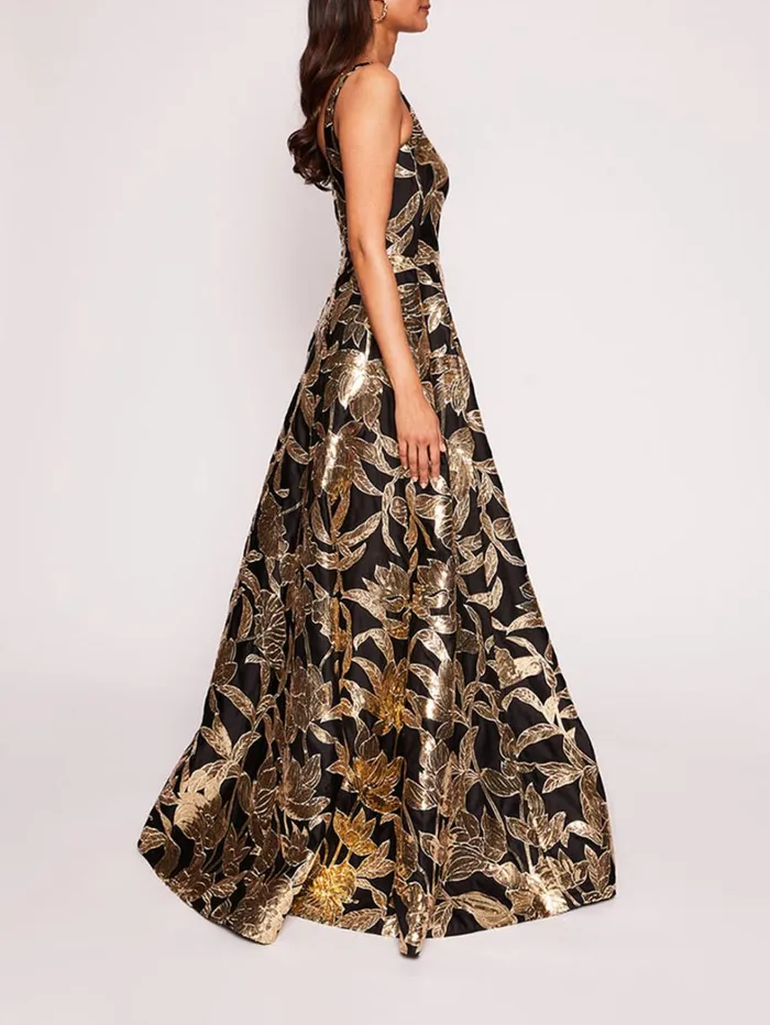 Women Marchesa Dresses Lotus Sequin Gown Black Gold Women Marchesa Dresses Lotus Sequin Gown Black Gold