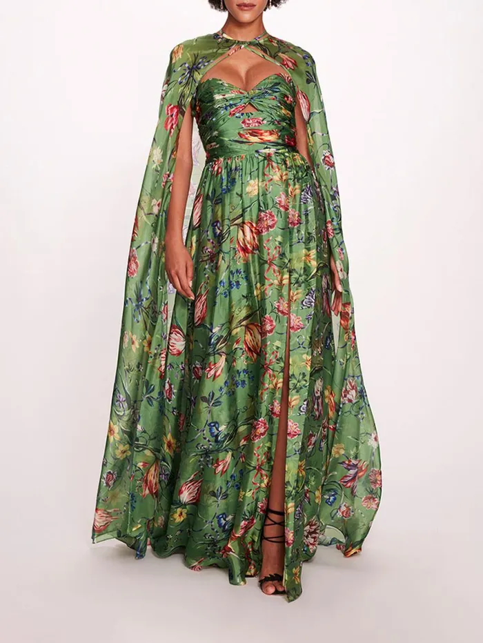 Women Marchesa Dresses Ribbons Cape Gown Green Multi Women Marchesa Dresses Ribbons Cape Gown Green Multi