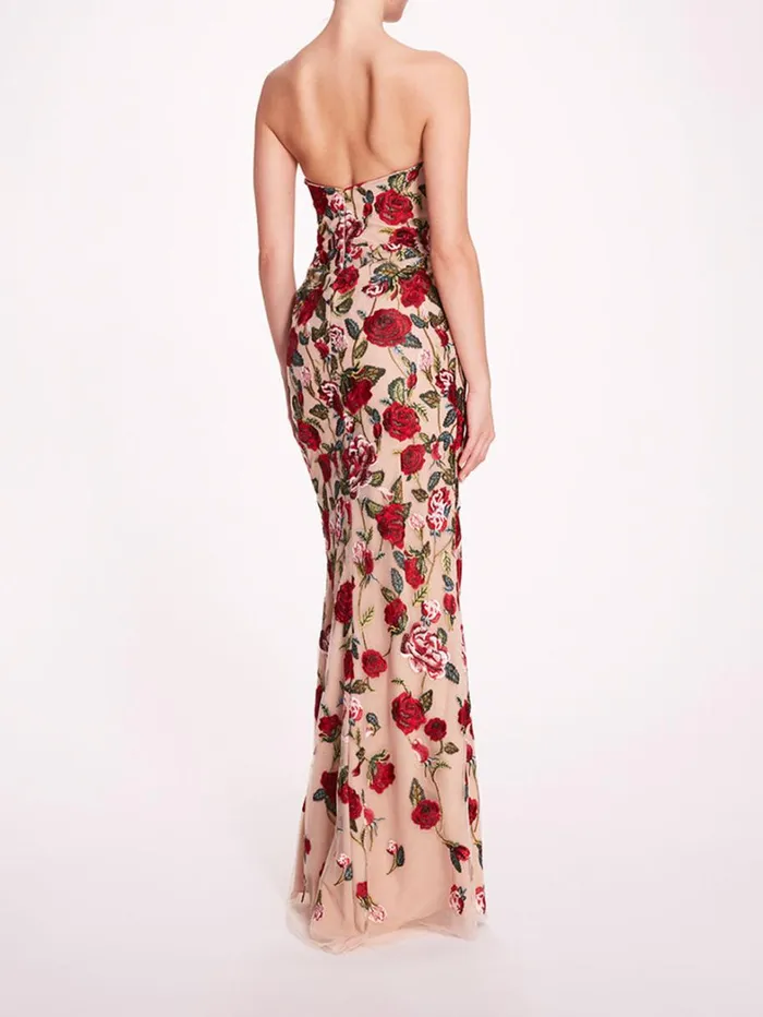 Women Marchesa Dresses Roses Tulle Gown Red Nude Women Marchesa Dresses Roses Tulle Gown Red Nude