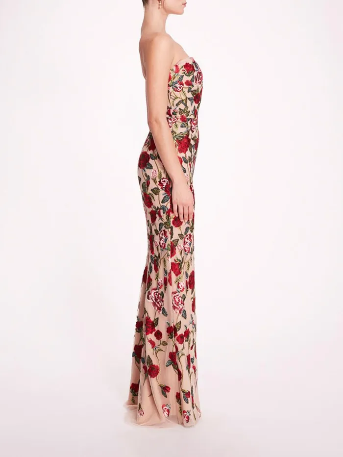 Women Marchesa Dresses Roses Tulle Gown Red Nude Women Marchesa Dresses Roses Tulle Gown Red Nude
