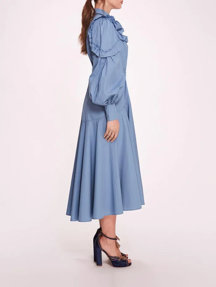 Women Marchesa Dresses Rosette Ruffle Midi Dress Denim Blue Women Marchesa Dresses Rosette Ruffle Midi Dress Denim Blue