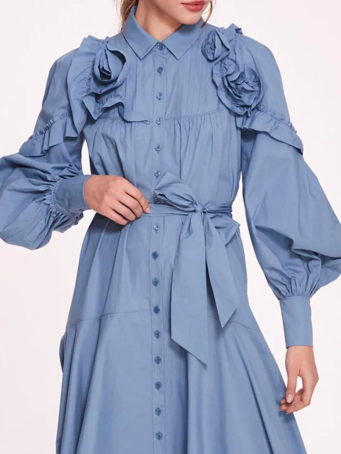 Women Marchesa Dresses Rosette Ruffle Midi Dress Denim Blue Women Marchesa Dresses Rosette Ruffle Midi Dress Denim Blue