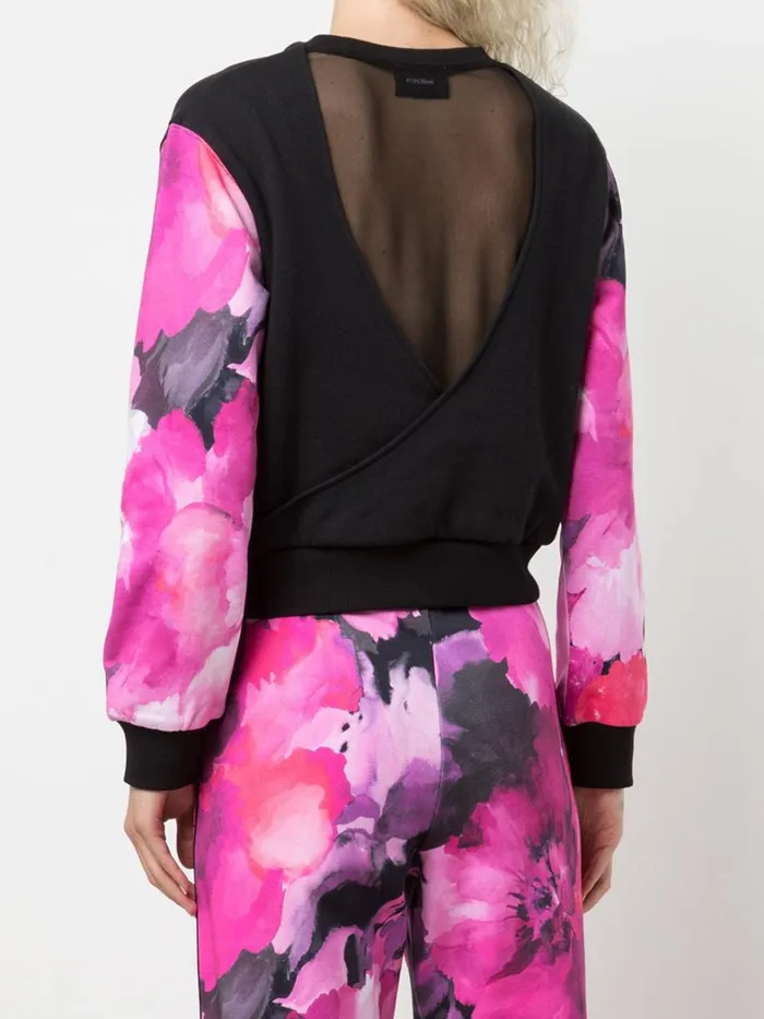 Women Marchesa Tops Black And Pink Floral Crew Neck Sweatshirt With Mesh Cutout Back Raspberry Multi Women Marchesa Tops Black And Pink Floral Crew Neck Sweatshirt With Mesh Cutout Back Raspberry Multi
