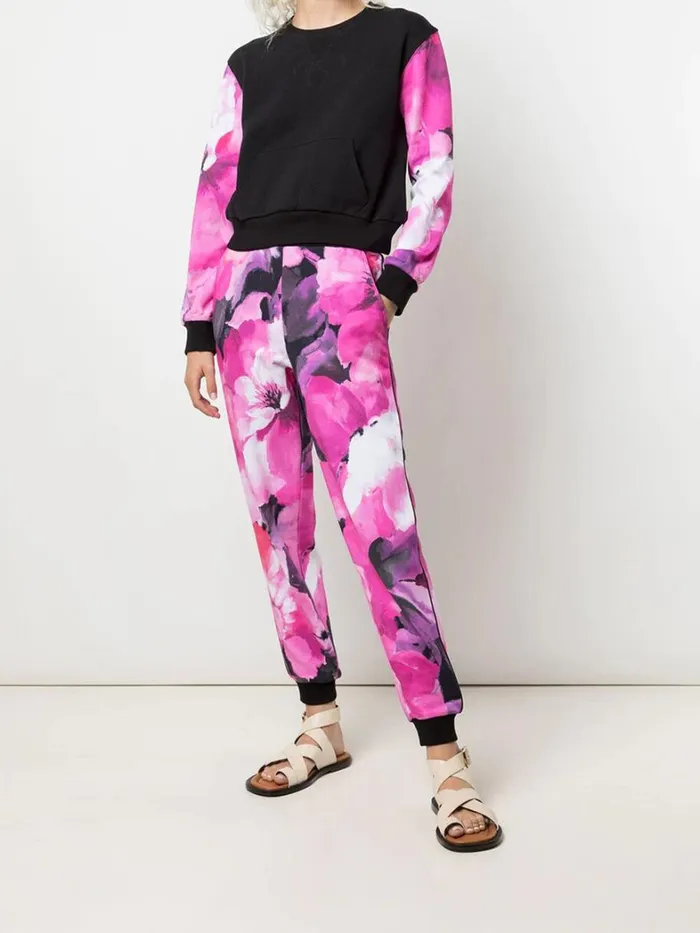 Women Marchesa Tops Black And Pink Floral Crew Neck Sweatshirt With Mesh Cutout Back Raspberry Multi Women Marchesa Tops Black And Pink Floral Crew Neck Sweatshirt With Mesh Cutout Back Raspberry Multi