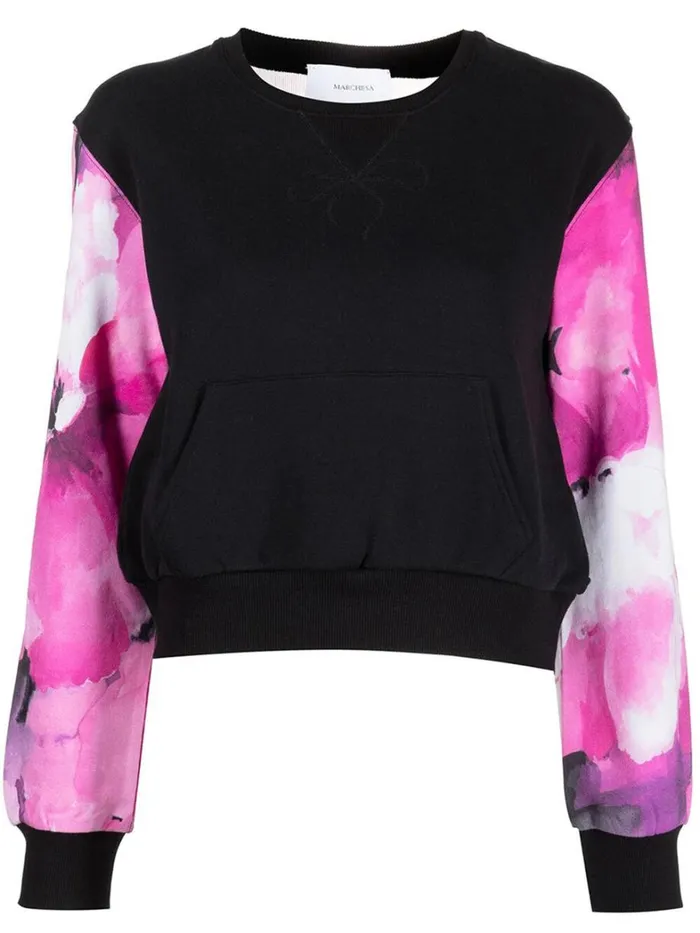 Women Marchesa Tops Black And Pink Floral Crew Neck Sweatshirt With Mesh Cutout Back Raspberry Multi Women Marchesa Tops Black And Pink Floral Crew Neck Sweatshirt With Mesh Cutout Back Raspberry Multi