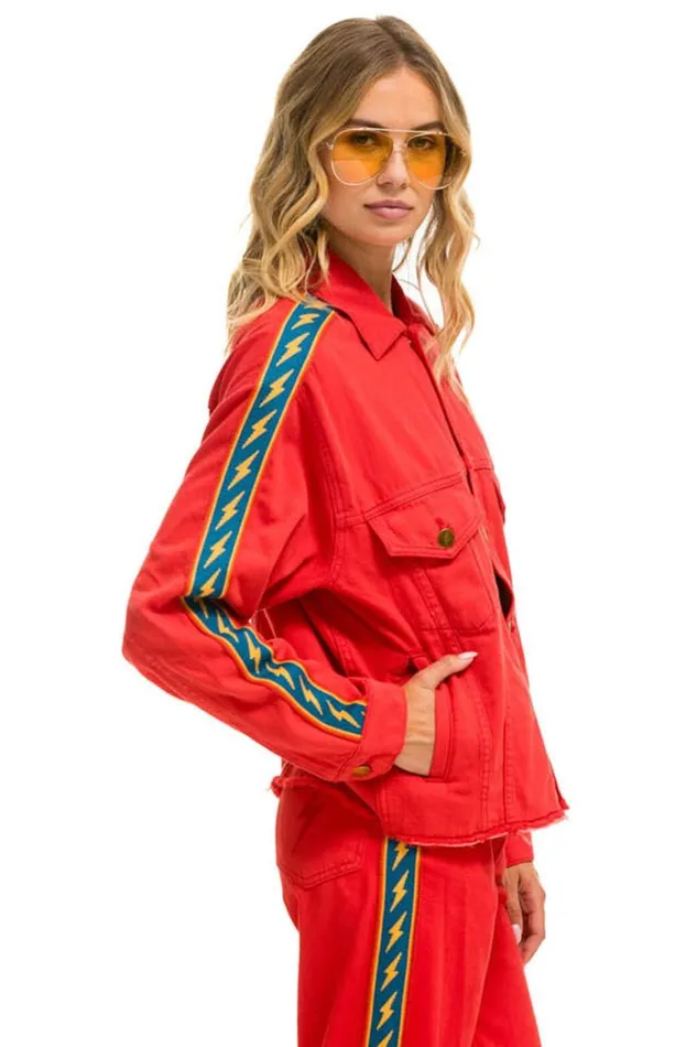 WomenMen Denim Aviator Nation Bolt Stripe Oversized Cutoff Denim Jacket 8211 Red