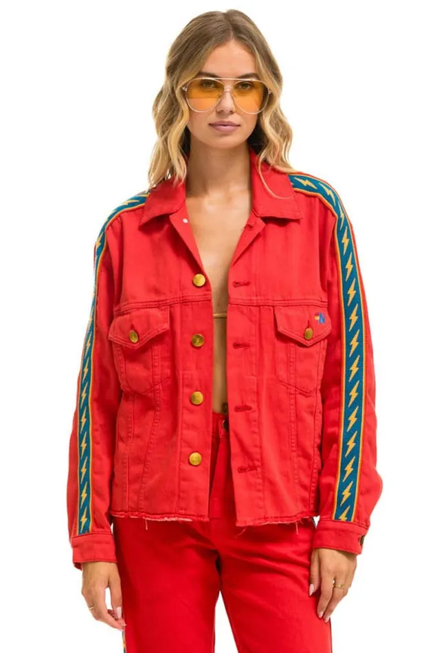 WomenMen Denim Aviator Nation Bolt Stripe Oversized Cutoff Denim Jacket 8211 Red