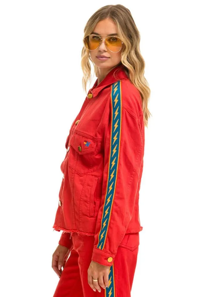 WomenMen Denim Aviator Nation Bolt Stripe Oversized Cutoff Denim Jacket 8211 Red