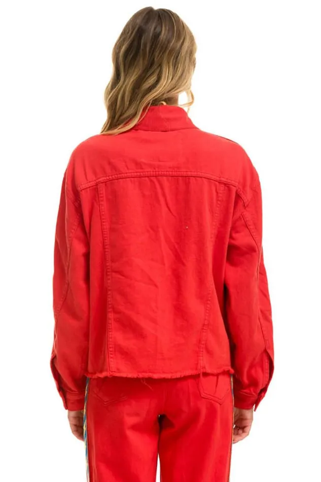 WomenMen Denim Aviator Nation Bolt Stripe Oversized Cutoff Denim Jacket 8211 Red