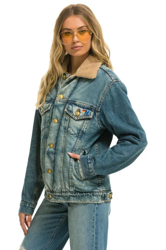 WomenMen Denim Aviator Nation Cali Lover Ranch Sherpa Denim Jacket 8211 Vintage