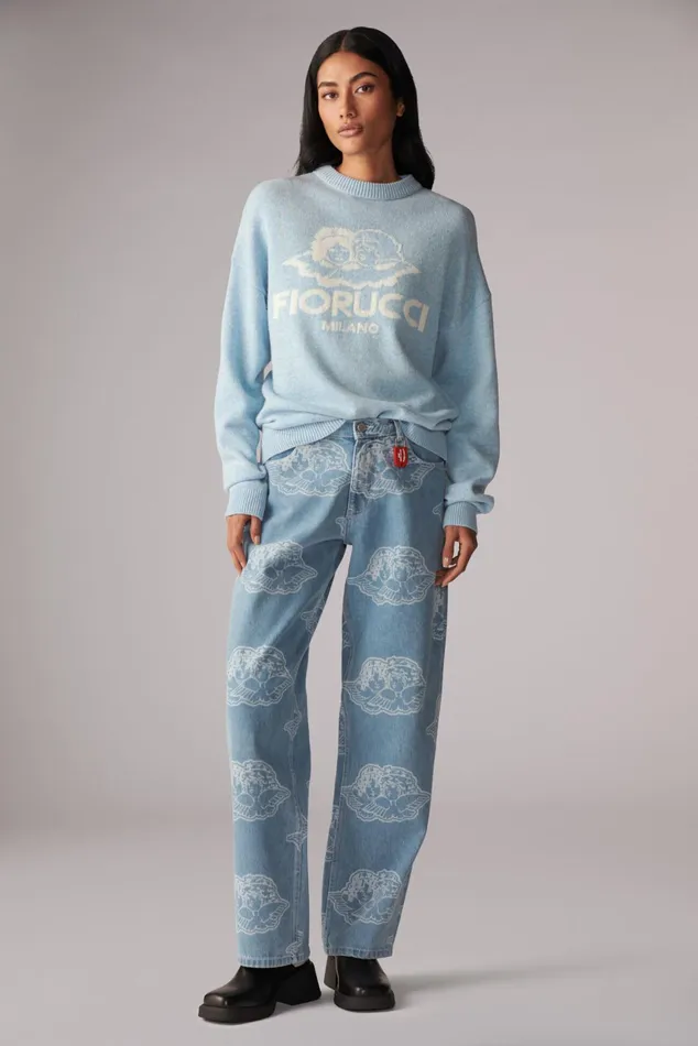 WomenMen Fiorucci Sweatshirts and Hoodies Unisex Milano Angels Knit Jumper Blue