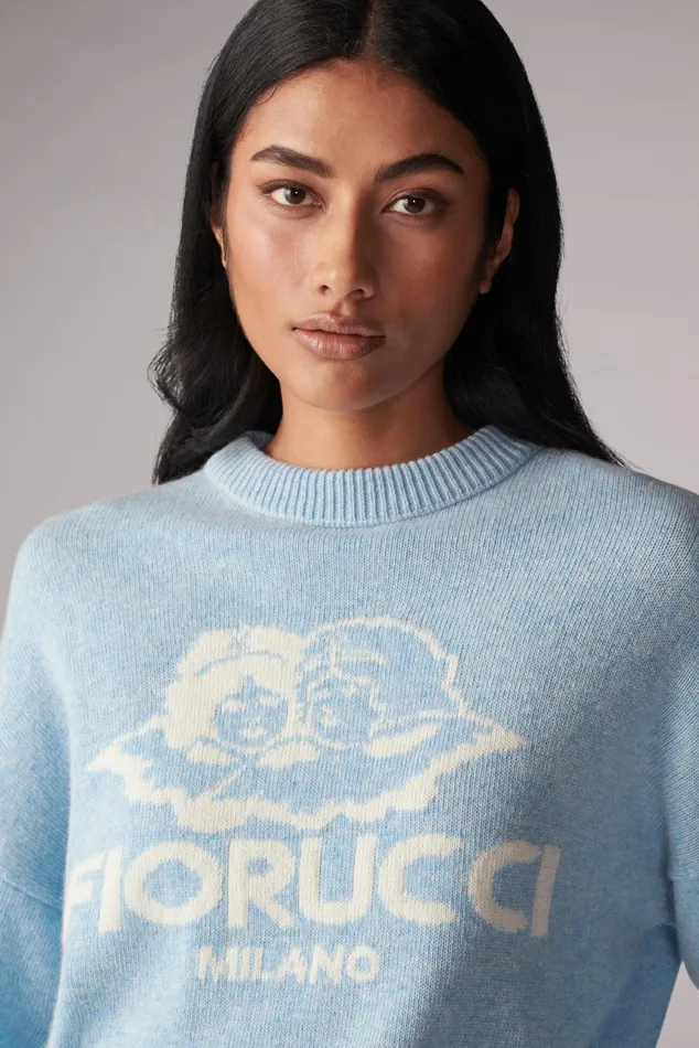 WomenMen Fiorucci Sweatshirts and Hoodies Unisex Milano Angels Knit Jumper Blue