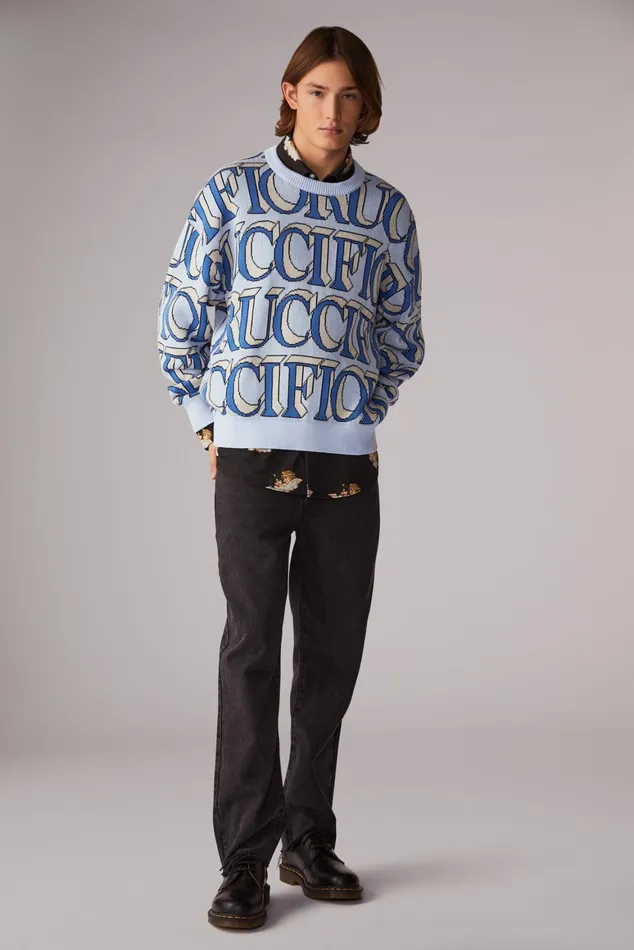 WomenMen Fiorucci Sweatshirts and Hoodies Unisex Monogram Logo Knit Jumper Blue WomenMen Fiorucci Sweatshirts and Hoodies Unisex Monogram Logo Knit Jumper Blue
