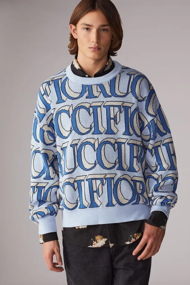 WomenMen Fiorucci Sweatshirts and Hoodies Unisex Monogram Logo Knit Jumper Blue WomenMen Fiorucci Sweatshirts and Hoodies Unisex Monogram Logo Knit Jumper Blue