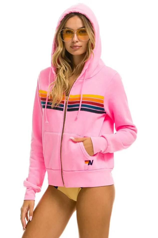 WomenMen Hoodies Aviator Nation 5 Stripe Hoodie 8211 Neon Pink
