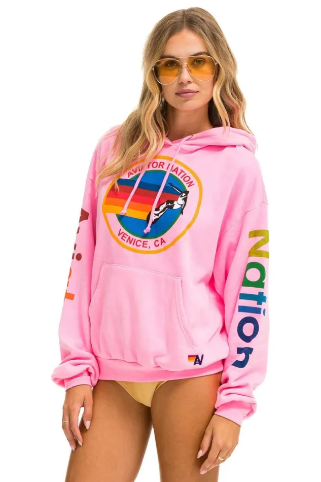 WomenMen Hoodies Aviator Nation Relaxed Pullover Hoodie 8211 Neon Pink