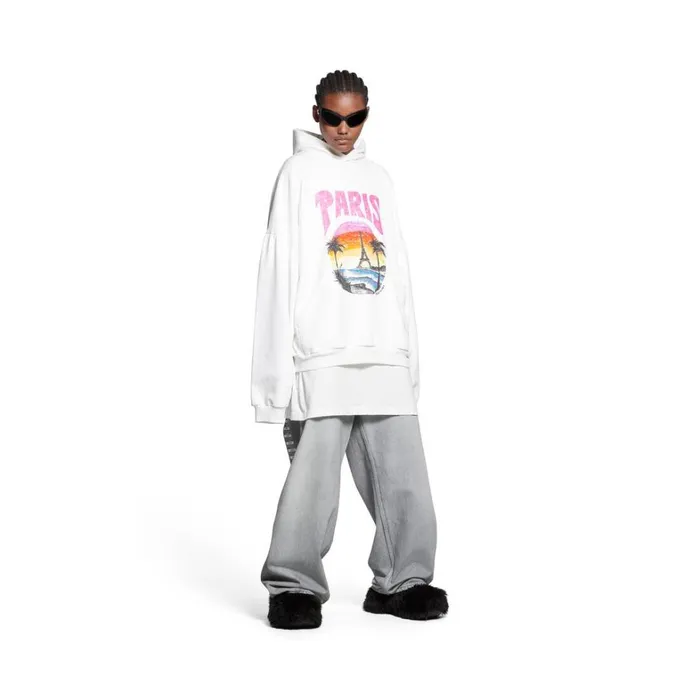 WomenMen Sweatshirts and Hoodies Balenciaga Paris Tropical Round Hoodie Oversized In Whitepink WomenMen Sweatshirts and Hoodies Balenciaga Paris Tropical Round Hoodie Oversized In Whitepink