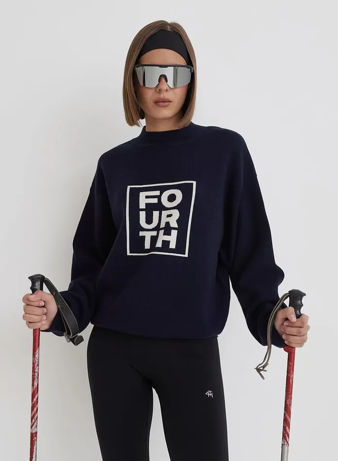 Women Navy Funnel Neck Branded Cropped Jumper Valene 4th and Reckless Hoodies and Sweatshirts
