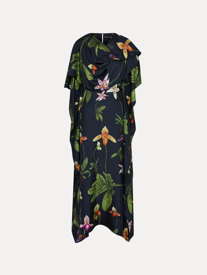 Women Orchid Silk Twill Caftan Navy Multi Oscar De La Renta Gowns and Caftans Women Orchid Silk Twill Caftan Navy Multi Oscar De La Renta Gowns and Caftans