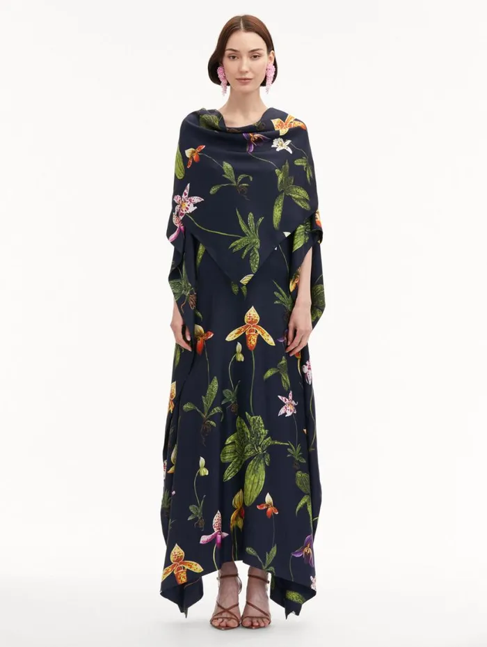 Women Orchid Silk Twill Caftan Navy Multi Oscar De La Renta Gowns and Caftans Women Orchid Silk Twill Caftan Navy Multi Oscar De La Renta Gowns and Caftans