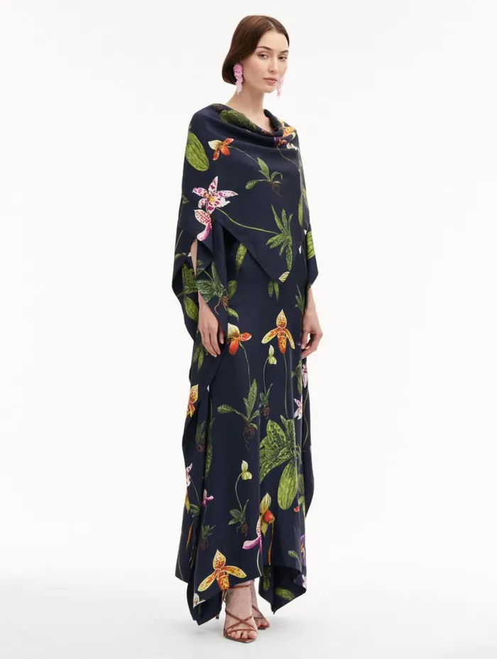 Women Orchid Silk Twill Caftan Navy Multi Oscar De La Renta Gowns and Caftans Women Orchid Silk Twill Caftan Navy Multi Oscar De La Renta Gowns and Caftans