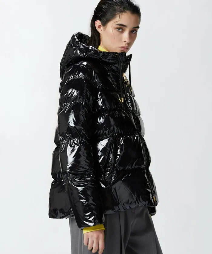 Women Outerwear Pinko Crystal Nylon Pea Jacket Limo Black Women Outerwear Pinko Crystal Nylon Pea Jacket Limo Black