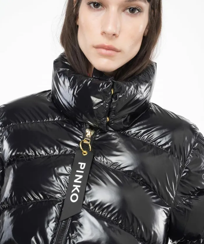 Women Outerwear Pinko Padded Crystal Nylon Pea Jacket Limo Black Women Outerwear Pinko Padded Crystal Nylon Pea Jacket Limo Black