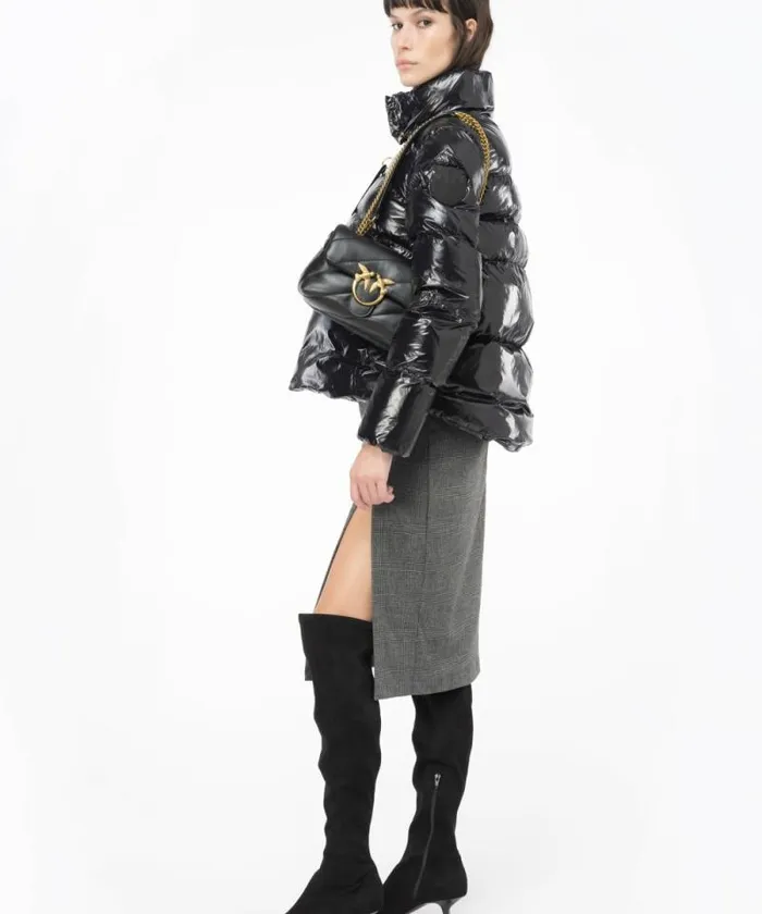 Women Outerwear Pinko Padded Crystal Nylon Pea Jacket Limo Black Women Outerwear Pinko Padded Crystal Nylon Pea Jacket Limo Black