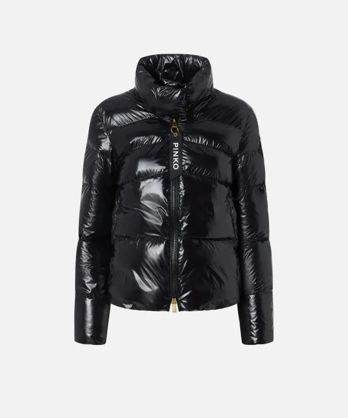 Women Outerwear Pinko Padded Crystal Nylon Pea Jacket Limo Black Women Outerwear Pinko Padded Crystal Nylon Pea Jacket Limo Black