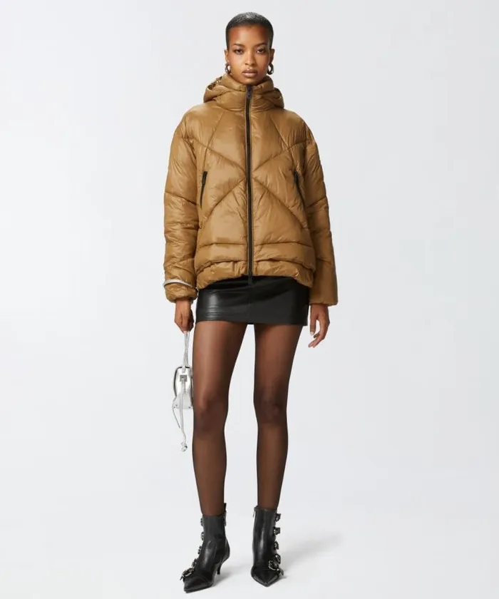 Women Outerwear Pinko Technical Canvas Padded Puffer With Hood Brownish Green Women Outerwear Pinko Technical Canvas Padded Puffer With Hood Brownish Green