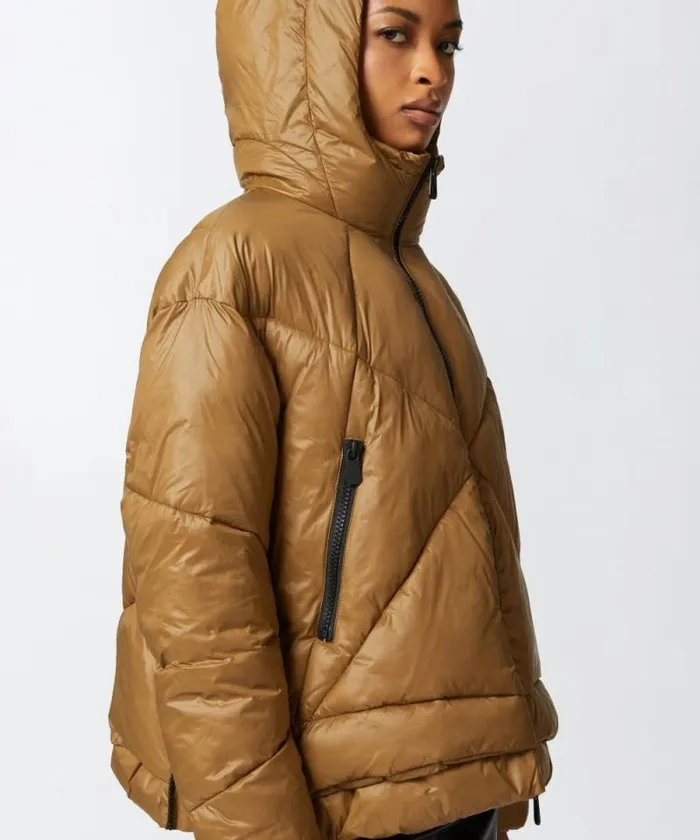 Women Outerwear Pinko Technical Canvas Padded Puffer With Hood Brownish Green Women Outerwear Pinko Technical Canvas Padded Puffer With Hood Brownish Green