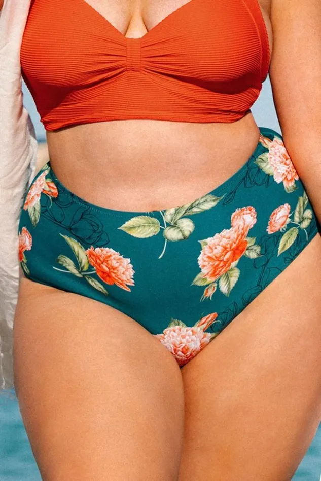 Women Plus Size and Curve Bikinis Cupshe Kora Floral High Waist Plus Size Bikini Bottom Teal