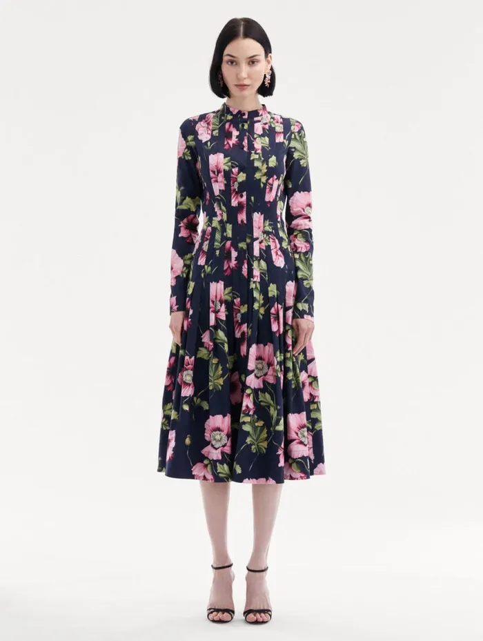 Women Poppy Cotton Poplin Midi Dress Navy Pink Oscar De La Renta Dresses Women Poppy Cotton Poplin Midi Dress Navy Pink Oscar De La Renta Dresses