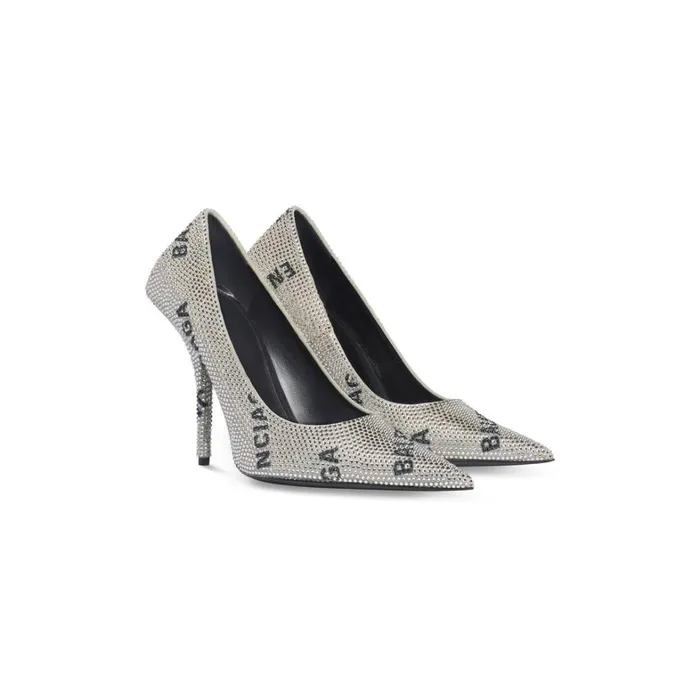 Women Pumps and Heels Balenciaga Square Knife 110mm Pump With Allover Logo Rhinestones In Silver