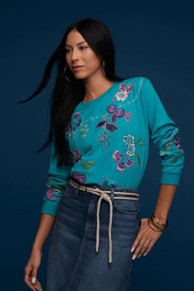 Women SHILO RELAXED LONG SLEEVE TEE Bondi Teal Johnny Was Tops Women SHILO RELAXED LONG SLEEVE TEE Bondi Teal Johnny Was Tops