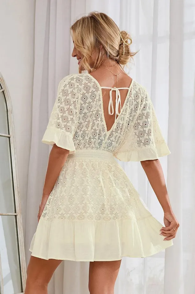 Women Short Dresses Cupshe Ivory Coast Plunge Bell Sleeve Ruffle Dress White