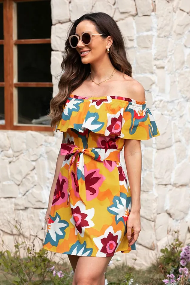 Women Short Dresses Cupshe Marlene Floral Ruffle Off Shoulder Dress Multicolor