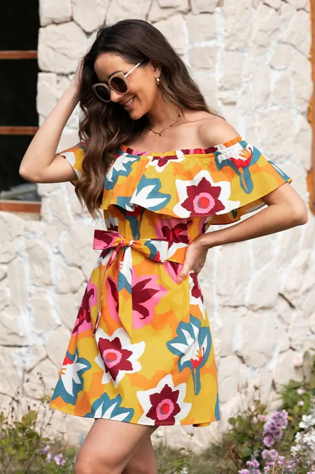Women Short Dresses Cupshe Marlene Floral Ruffle Off Shoulder Dress Multicolor