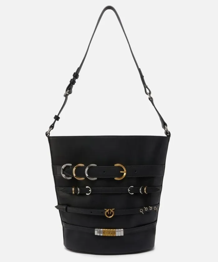 Women Shoulder Bags Pinko Large Leather Bucket Bag With Straps Limousine Black Women Shoulder Bags Pinko Large Leather Bucket Bag With Straps Limousine Black