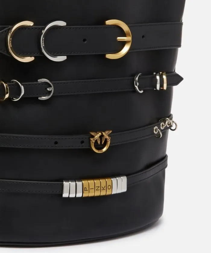 Women Shoulder Bags Pinko Large Leather Bucket Bag With Straps Limousine Black Women Shoulder Bags Pinko Large Leather Bucket Bag With Straps Limousine Black