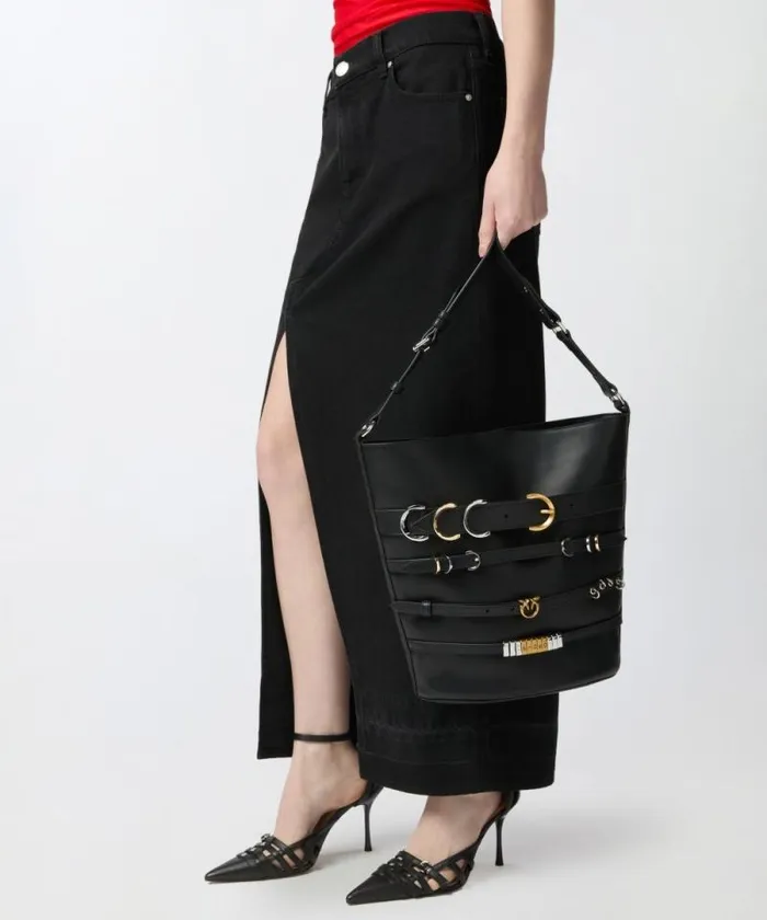 Women Shoulder Bags Pinko Large Leather Bucket Bag With Straps Limousine Black Women Shoulder Bags Pinko Large Leather Bucket Bag With Straps Limousine Black