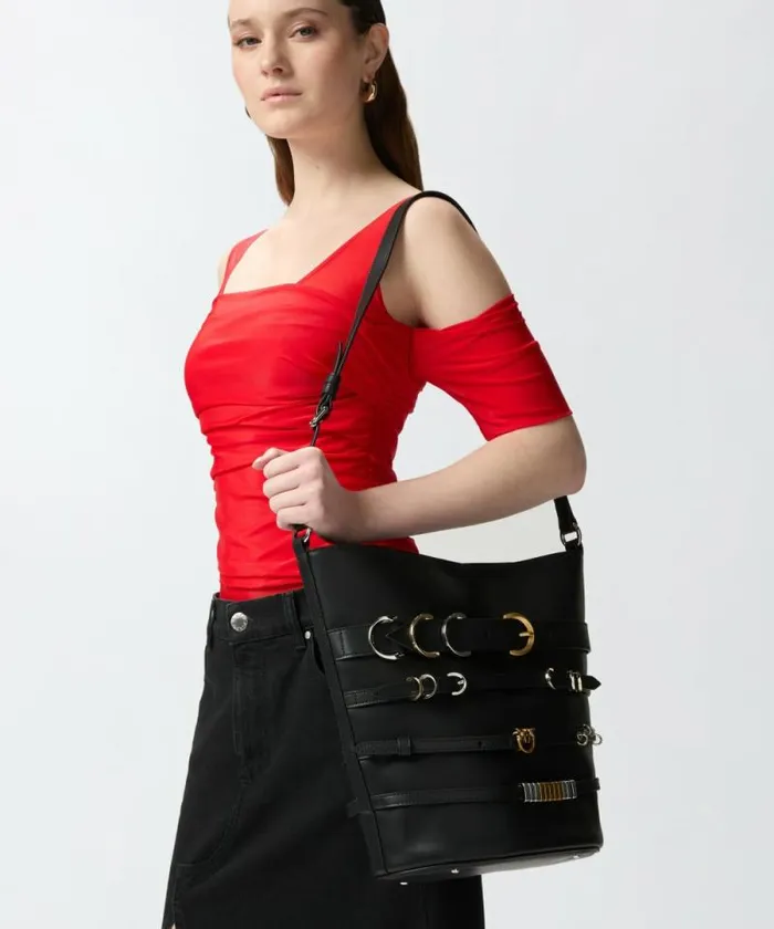 Women Shoulder Bags Pinko Large Leather Bucket Bag With Straps Limousine Black Women Shoulder Bags Pinko Large Leather Bucket Bag With Straps Limousine Black