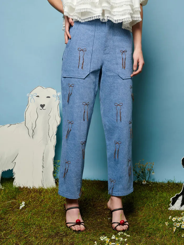 Women Sister Jane Bottoms Honeycomb Denim Trousers Washed Denim