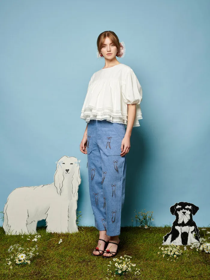 Women Sister Jane Bottoms Honeycomb Denim Trousers Washed Denim