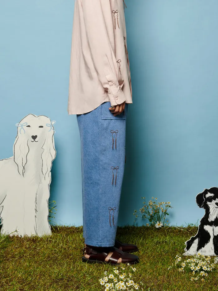 Women Sister Jane Bottoms Honeycomb Denim Trousers Washed Denim